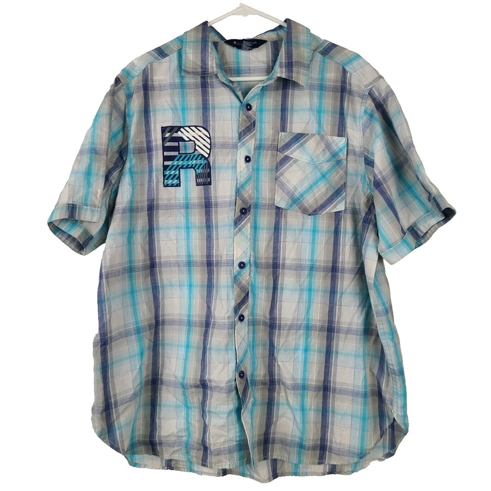 VTG Y2K Rocawear Button Up Shirt Mens 2XL Blue Plaid Short Sleeve Streetwear‎